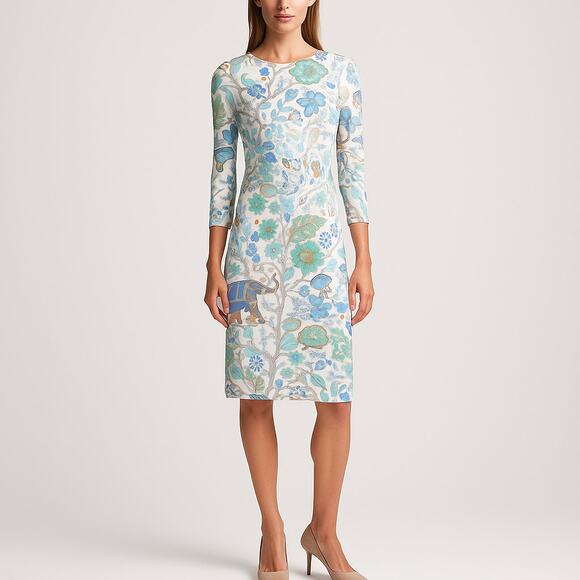 J.McLaughlin Dress Women XS White Blue Floral Long Sleeve A-Line Midi Retro - Picture 1 of 9